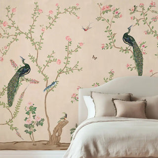 Bedroom with peacock and floral chinoiserie wallpaper