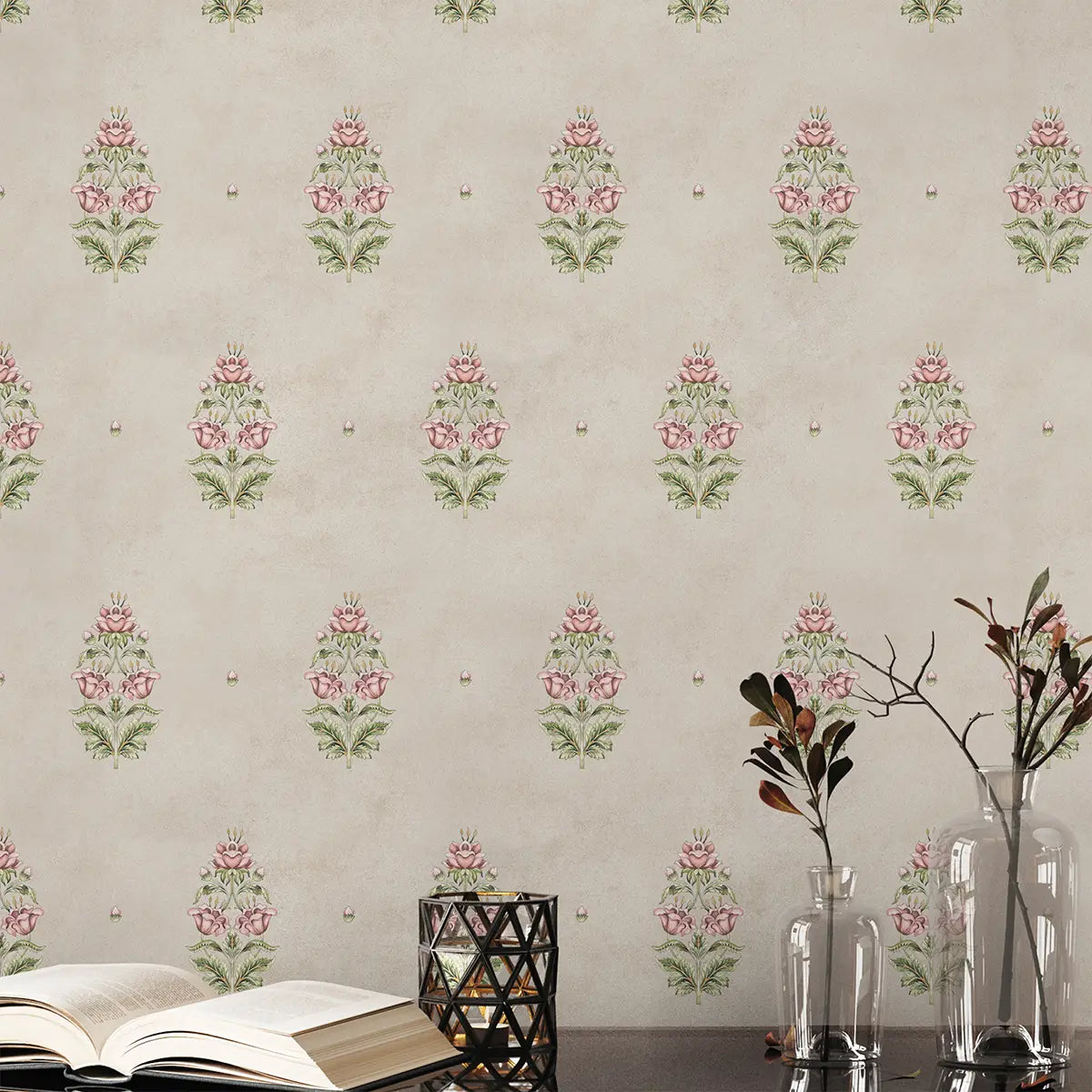 Close detail of a beige Indian botanical buti wallpaper showing small repeating floral sprigs
