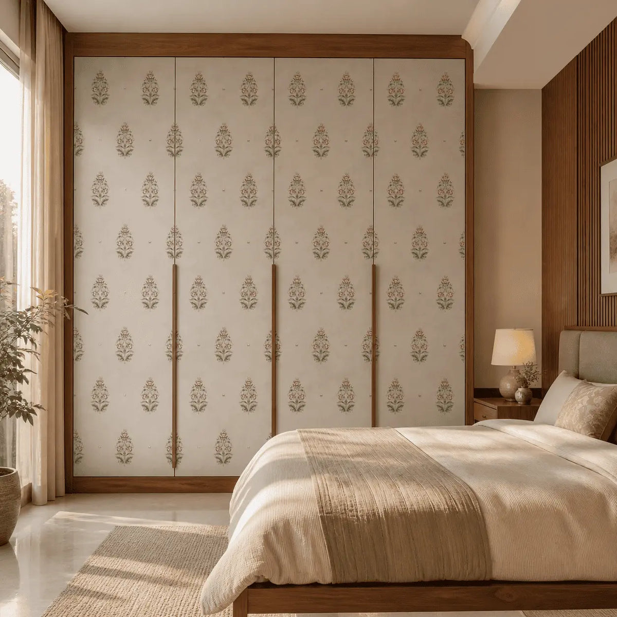Beige buti wallpaper applied across a fitted wardrobe front in a bedroom