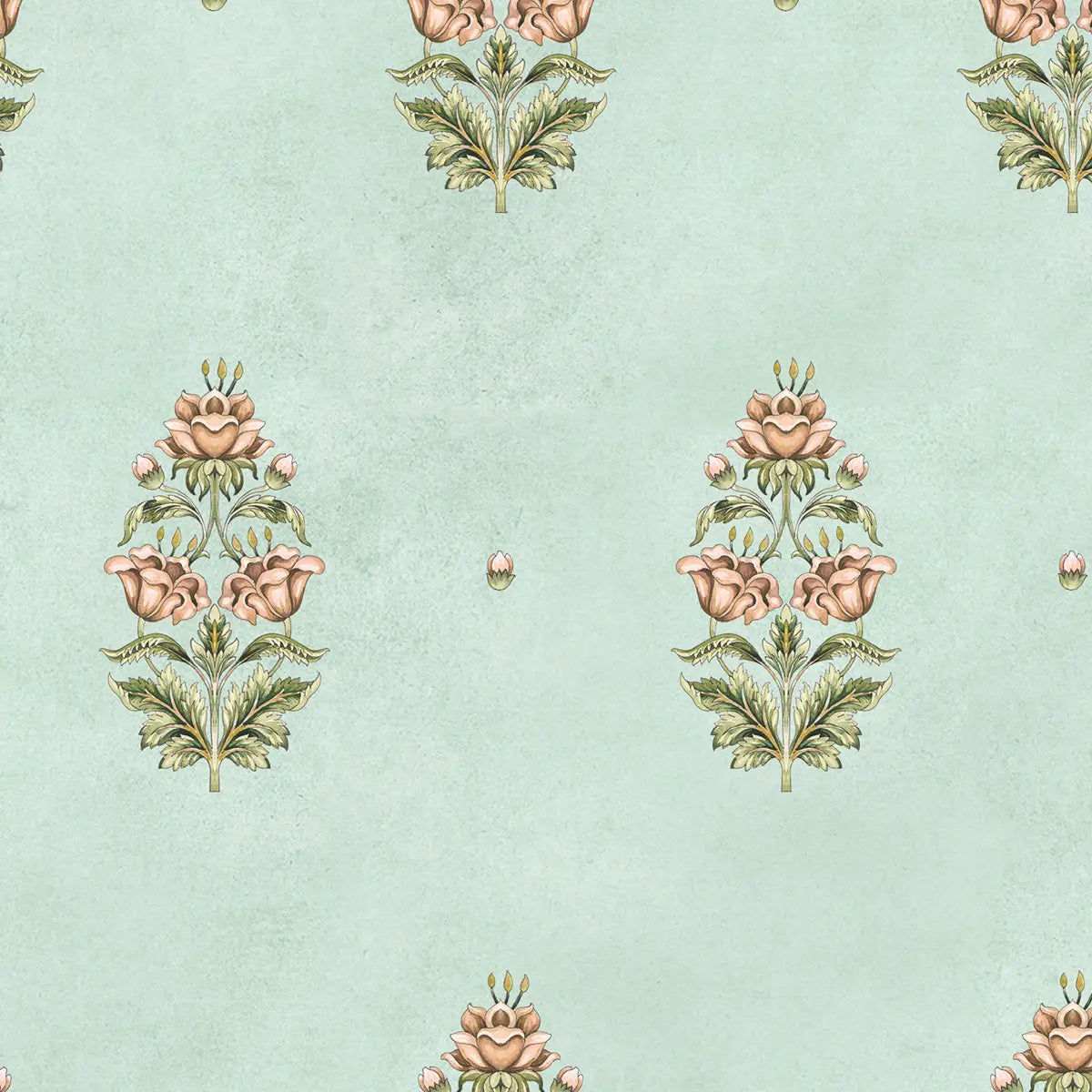 Bahara Indian Design Wallpaper Roll in Green Color, Floral Buti, Shop Now