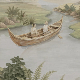 A high-definition close-up showing the hand-painted traditional boat and river detail from the Island of Sanctuary mural.
