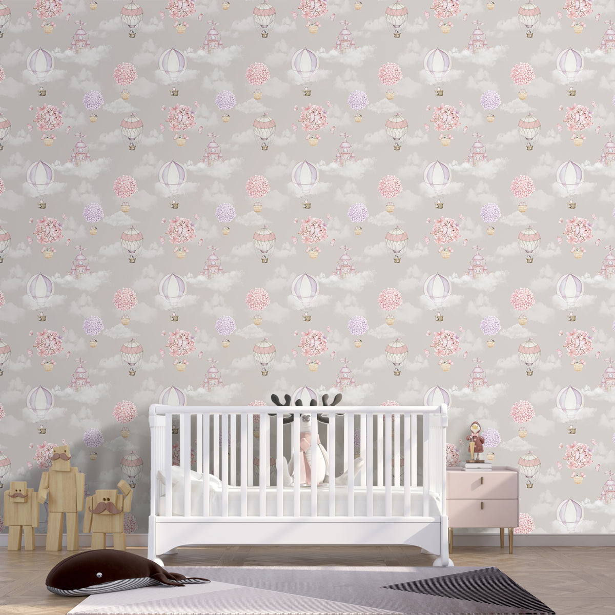 Balloons of Blooms, Adorable Hot Air Balloon Wallpaper for Girls Room, Beige