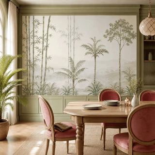 Bamboo Groves tropical wall mural in silver-sage applied as a full accent wall in a dining room with dark wooden table and deep red upholstered chairs