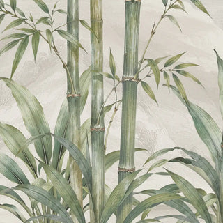 Close-up detail of Bamboo Groves wall mural showing bamboo stems, tropical tree ferns and layered forest canopy in soft silver-sage watercolour brushwork