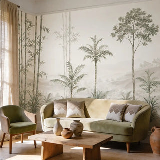 Bamboo Groves tropical wall mural in silver-sage and mist covering the full accent wall of a contemporary living room with an olive green sofa, wooden coffee table, and soft natural light