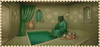 Feline figure in a green robe sitting in a room with decorative elements.