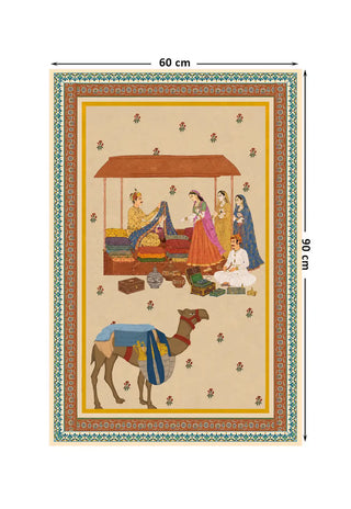 Full pattern layout of Bazar Heritage Mughal miniature wall art at 60×90 cm showing the silk bazaar scene with camel, noblewomen in vibrant dress, and stacked fabric bales framed by terracotta and teal tile border