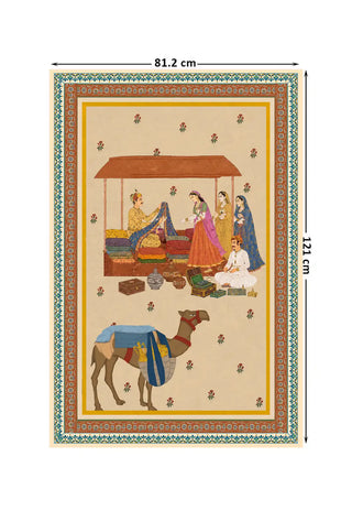 Full pattern layout of Bazar Heritage wall art at 81.2×121 cm, showing the complete Mughal miniature bazaar scene with silk merchant, noblewomen, treasure boxes, decorative vessels, and a laden camel on a parchment ground with terracotta and teal border