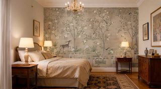 Decorative bedroom with floral chinoiserie wallpaper, lamps, and furniture.