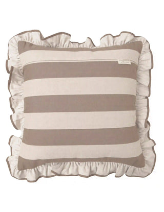 Back view of Beige Cinnamon Ruffle cushion cover in plain ivory linen showing the concealed zip closure and full gathered ruffle perimeter on a white background