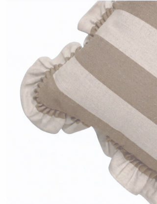 Close-up corner detail of Beige Cinnamon Ruffle cushion cover showing the herringbone weave texture of the bold mocha and ivory stripes and the gathered ivory ruffle with fine mocha overlock edge binding