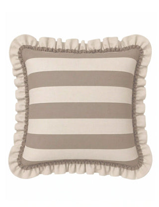 Front view of Beige Cinnamon Ruffle cushion cover in bold horizontal mocha and ivory herringbone stripes with a full gathered ivory ruffle edge bound in mocha overlock stitch on a white background