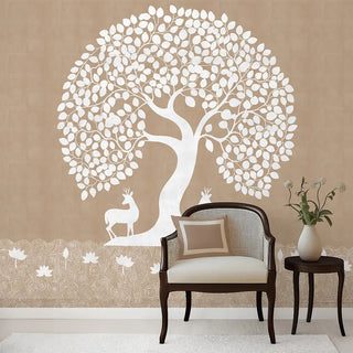 A full wall view of the beige Tree of Life wallpaper, showing the complete design with symmetrical branches and deer motifs.
