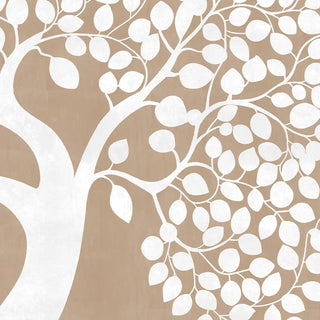 A close-up of the wallpaper showing the hand-painted style leaves, branches, and deer details in white against a beige background.