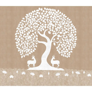 A room setting with an armchair placed against the wallpaper, highlighting the central Tree of Life artwork.