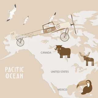 A detailed sepia close-up of the mural showing a vintage biplane over North America with hand-painted animals.