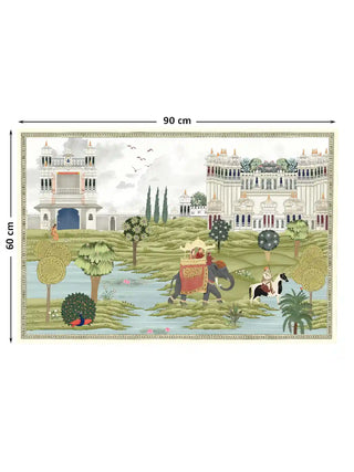 Bharat palace and elephant procession wall art in sage ivory shown at 90 x 60 cm with dimension markings for size reference.