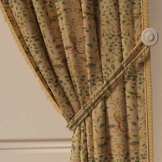 A close-up of the Bird Tapestry Fringes curtain tied back, showing how it drapes and highlighting the textured fabric and fringe detail.