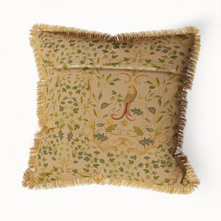A back view of the "Bird Tapestry Fringes" cushion cover, displaying its square shape and the continuous, detailed tapestry-style pattern.