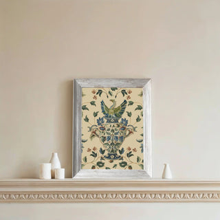Black Pearl Wall Art highlighting a traditional vase motif filled with green foliage and florals on a beige background.