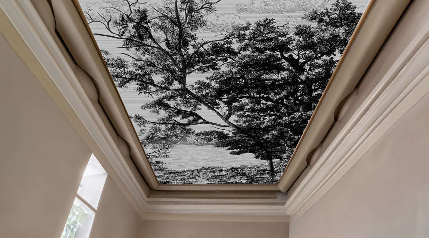 Black and white Tree Drawing Ceiling Wallpaper