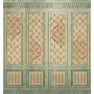 A full-scale view of Blooming Dales Beige wallpaper featuring floral trellises inside classical sage green panels.