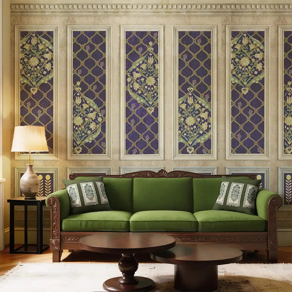 Green sofa in a room with blooming dale wallpaper from Lifencolors