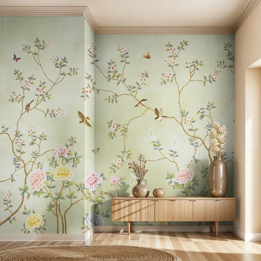 Blossom, Green Chinoiserie Wallpaper, Customised for living rooms