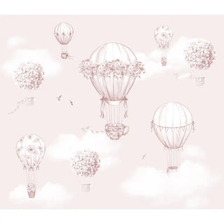 The full pattern layout of the Blossom Flight mural featuring floral-adorned hot air balloons in a soft pink sky.