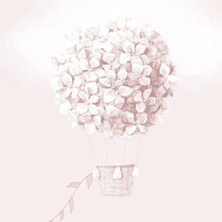 A close-up of the Blossom Flight mural featuring the delicate brushstrokes of a hydrangea hot air balloon.