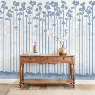 Blue Ascent Wallpaper: Full mural installation of the light blue abstract tree and vertical line design in an entryway.