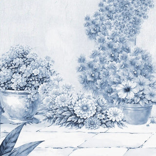 A high-definition close-up showing the intricate hand-painted potted plants and floral textures of The Silent Portico mural.