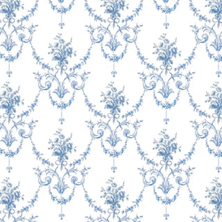 A full-pattern close-up of the Blue Garland wallpaper showing the rose bouquet and beaded garland trellis in monochrome blue on white.