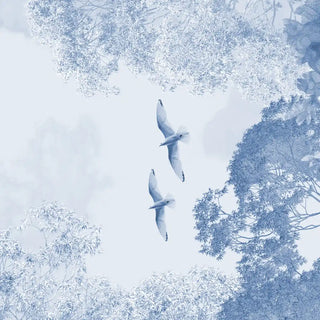 Blue Nest Ceiling Wallpaper: Close-up detail of the flying birds and blue sky seen through the tree branches.