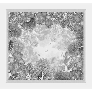 A square view of the Blue Nest charcoal ceiling mural showing a hand-painted forest canopy and soaring birds in greyscale.