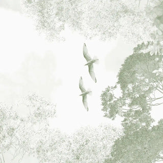 Close-up of the Blue Nest sage mural featuring hand-painted birds in flight against a soft green tree canopy.