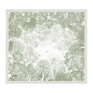 A square view of the Blue Nest sage green ceiling mural showing a hand-painted forest canopy and soaring birds.