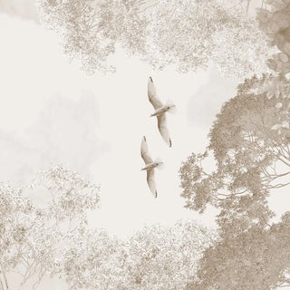 Close-up of the Blue Nest sepia mural featuring hand-painted birds in flight against a detailed botanical tree canopy.