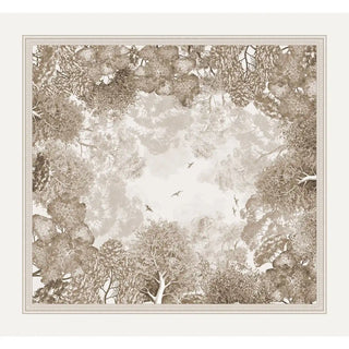 A square view of the Blue Nest sepia ceiling mural showing a hand-painted forest canopy and soaring birds in warm earth tones.