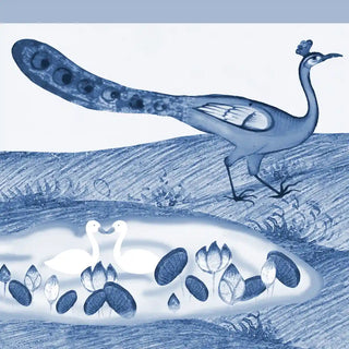 Decorative tile with a blue and white design of an ostrich and lotus flowers on a white background