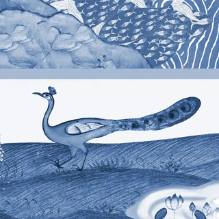 Detailed view of blue ceiling wallpaper showing artistic peacock and cloud patterns