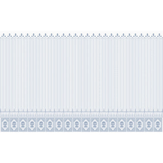 Seamless strip showing the fine vertical blue pinstripe pattern and decorative border of the Court of Petals wallpaper.