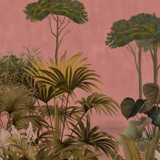 Close up of the Blush Garden mural highlighting the painterly details of tropical palm leaves and textured background.