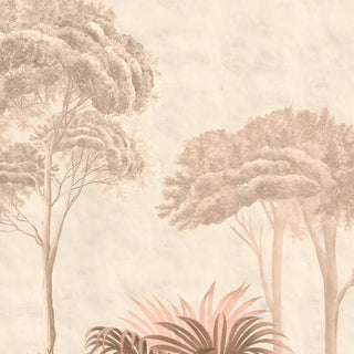 Wallpaper with stylized trees and plants on a light background. A close-up highlighting the delicate detailing of tropical leaves and trees in blush and sepia tones.