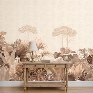 A wall view of the Blush Garden Wallpaper, showing its continuous natural landscape with trees and layered foliage.