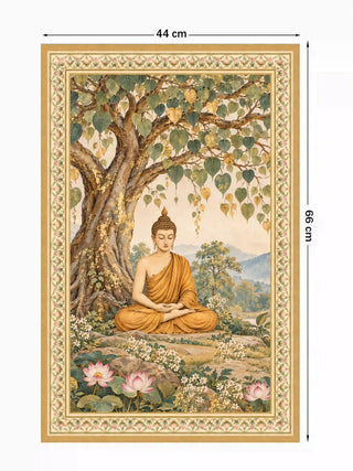 Full pattern view of the Bodhi Serenity portrait wall art in sage green, shown at 44 cm by 66 cm with a seated Buddha under a bodhi tree and lotus blooms