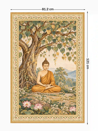 Full pattern view of the Bodhi Serenity portrait wall art in sage green, shown at 81.2 cm by 121 cm with a seated Buddha under a bodhi tree and lotus blooms
