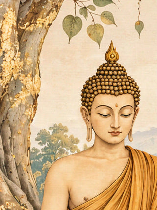 A detailed close-up of the Bodhi Serenity wall art highlighting the seated Buddha’s face, gold flame topknot and the gold-flecked bodhi tree trunk