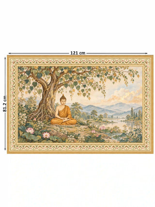 Full pattern view of the Bodhi Serenity wall art in sage green, shown at 121 cm by 81.2 cm with a seated Buddha under a bodhi tree beside a lotus lake