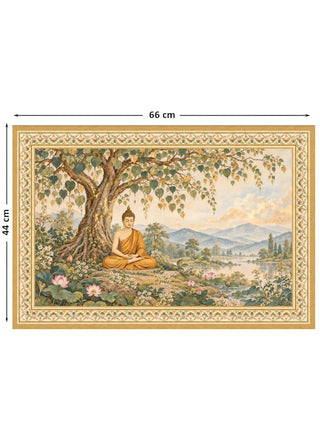 Full pattern view of the Bodhi Serenity wall art in sage green, shown at 66 cm by 44 cm with a seated Buddha under a bodhi tree beside a lotus lake